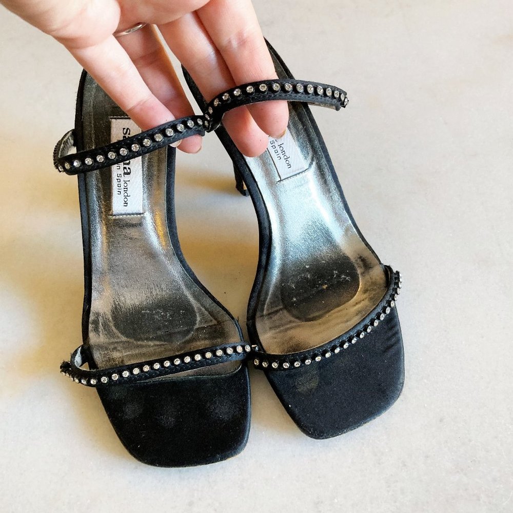 Vintage Sacha London black rhinestone high heel shoes / sandals, square toe, 90s